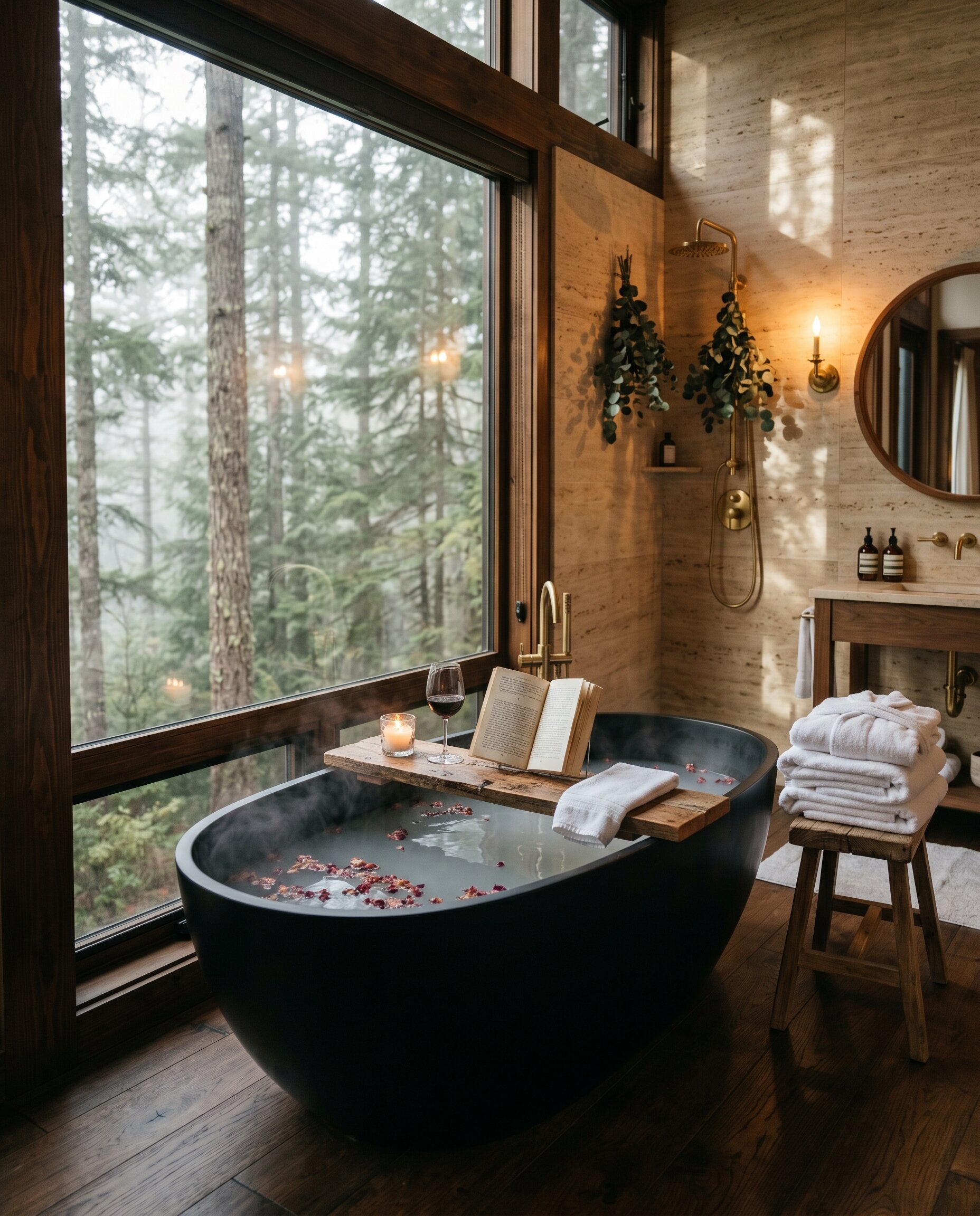 VALEA Cedar — siyah küvet, orman manzarası